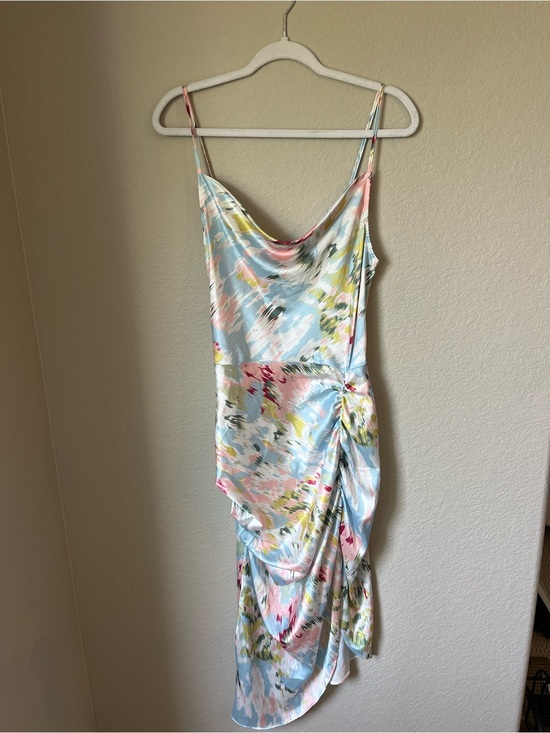 Cider Dresses & Skirts - Cider Watercolor Floral Satin Slip Dress Medium Ruched Cowl Neck Party Wedding